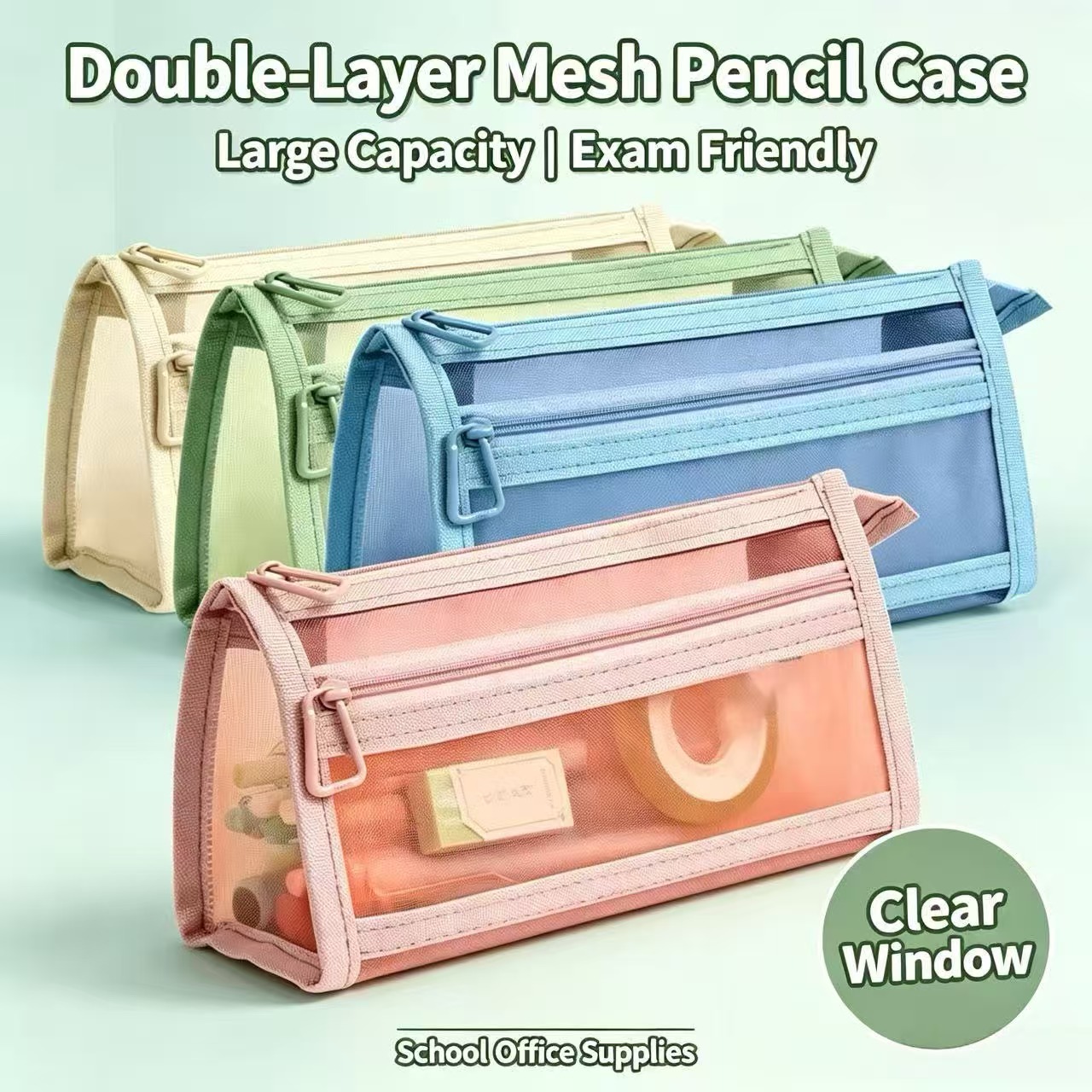 Clear Mesh Pencil Pouch For Exam - Kotak Pensil Jaring Transparan Lapisan Ganda
