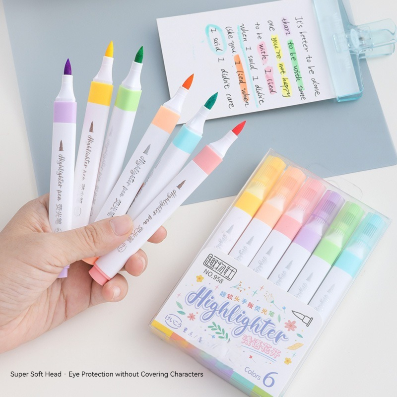 Pastel Highlighter Set Double Ended - Set pena Highlighter warna Pastel 6