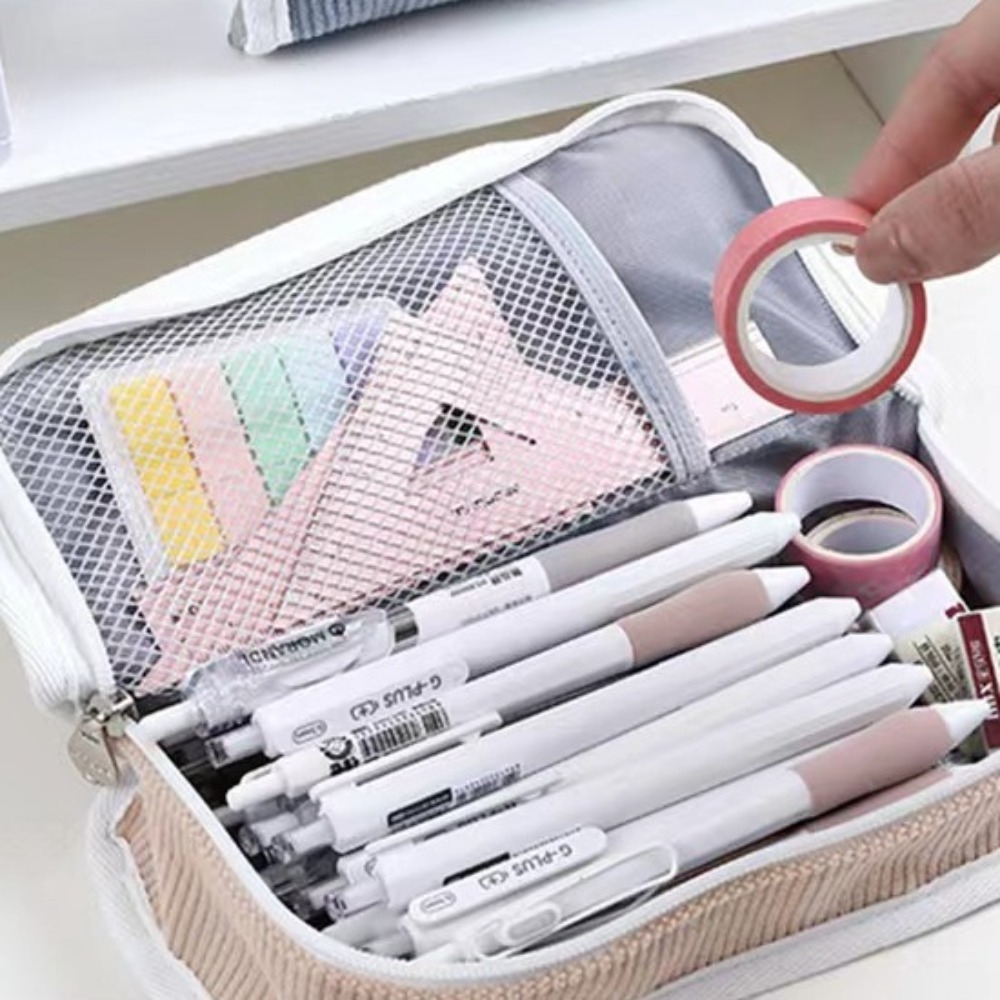 Aesthetic Large Pencil Case Pouch - Tas Alat Tulis Pink Biru Abu-abu,