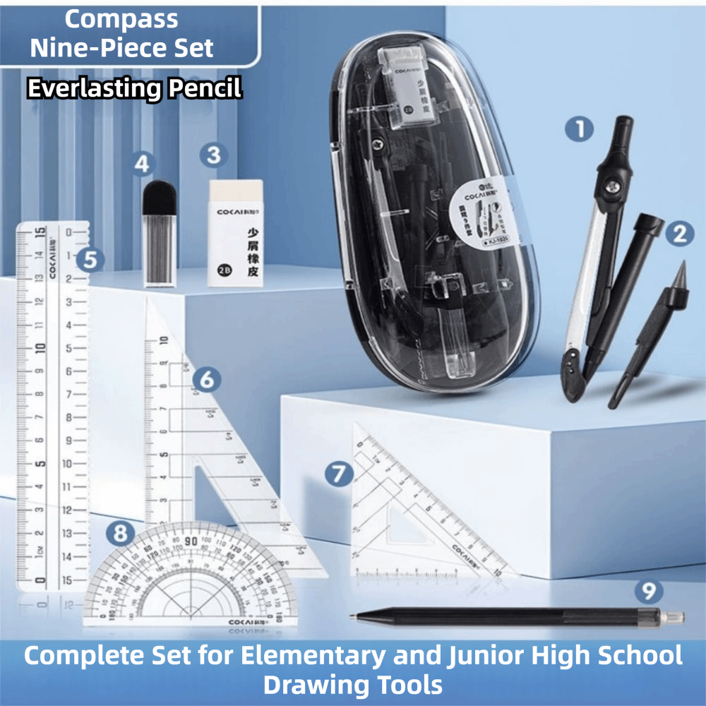 9Pcs/Set Penggaris Lurus Alat  - Math Geometry Set With Compass ulasan dan harga