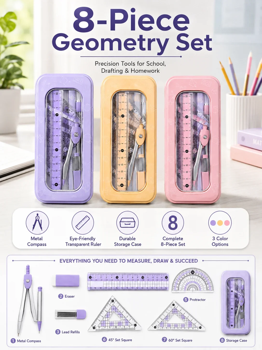 Set Geometri Matematika 8-Poto - Math Geometry Set With Compass ulasan dan harga