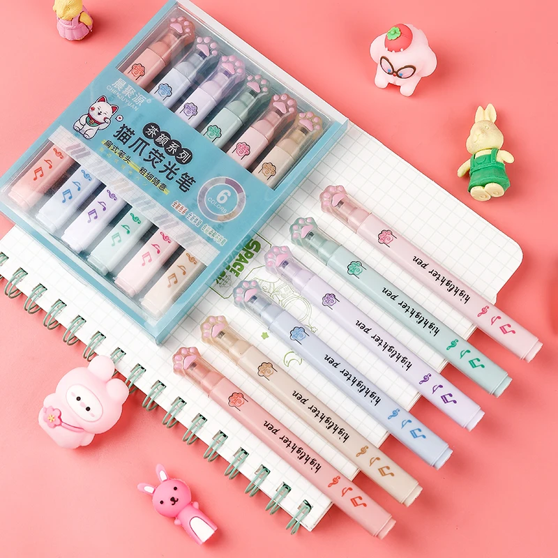 6 buah/bungkus Kawaii Cakar Ku - Pastel Highlighter Set Double Ended ulasan dan harga
