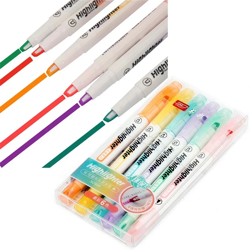 6 Warna/Set Pulpen Highlighter - Pastel Highlighter Set Double Ended ulasan dan harga