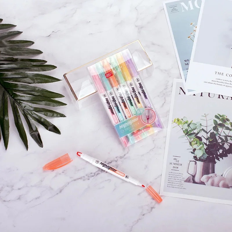 6 Warna/Set Pulpen Highlighter - Pastel Highlighter Set Double Ended ulasan dan harga